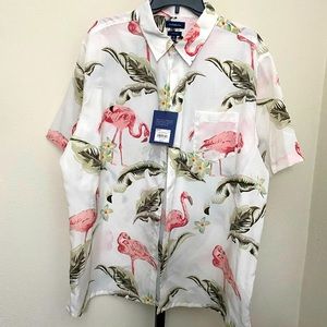 Fun camp shirt with pink flamingos that I wore to a beach wedding in Florida.